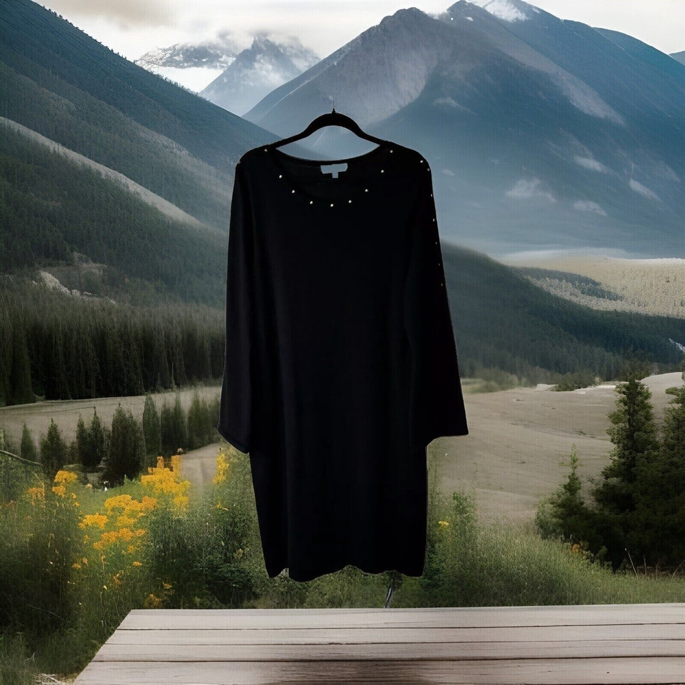 XL Harlow & Rose Pretty Black Sweater Dress Below Knee Long Open Flared Sleeves